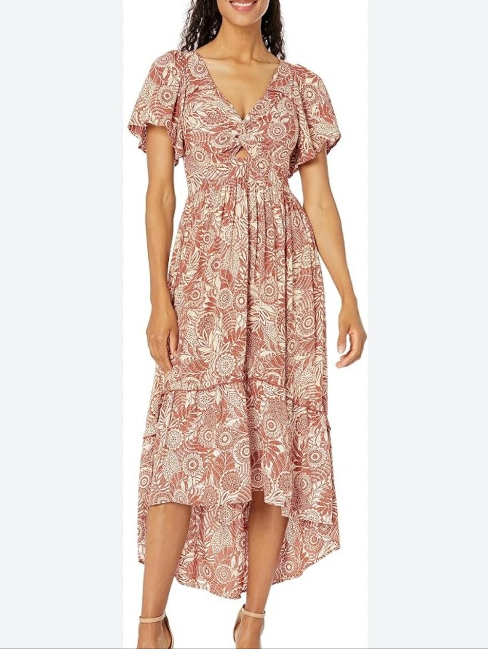 Angie Boho Rust Floral Maxi Dress w High Low Slit hem and tiered skirt